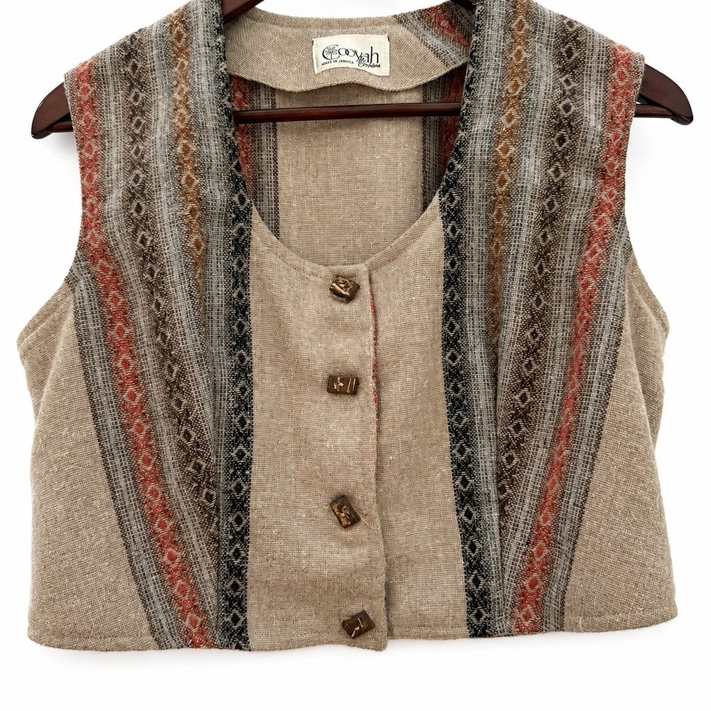 Rare Vintage Women Cooyah Boho Vest Wood Buttons Jamaican Approximately Small - Picture 2 of 10